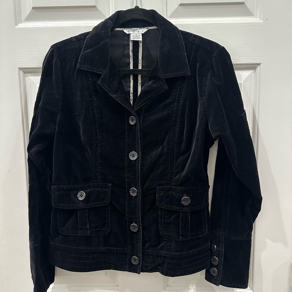 CAbi Black Button-Up Velvet Blazer